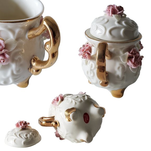 Vintage Handmade Porcelain Tea Set Pink Roses and 10K Gold Trim - Picture 16 of 16
